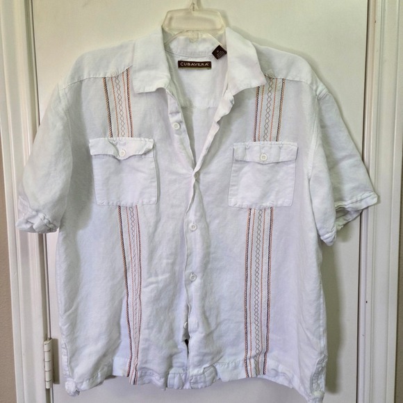 Cubavera Other - Cubavera Mens White Linen Blend Guayabera Short Sleeve Shirt Large Embroidered